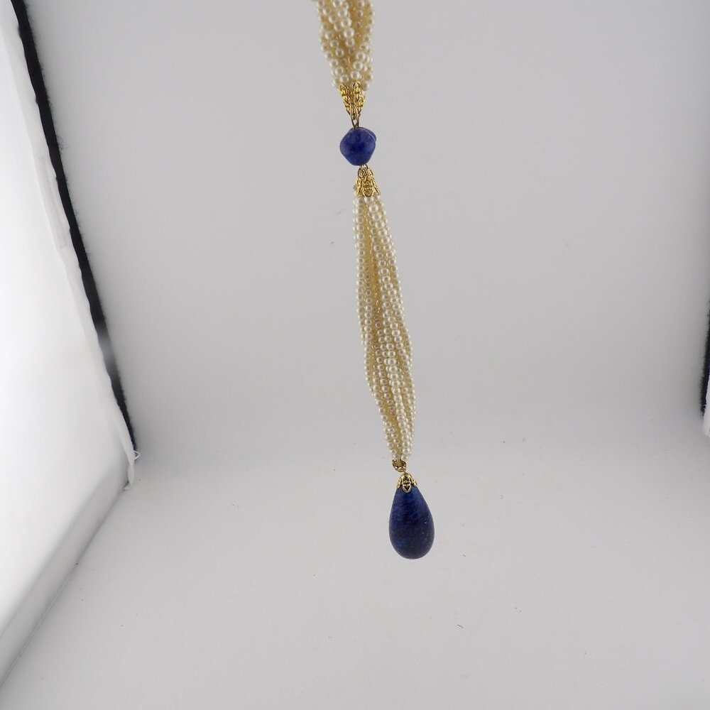 Vintage Multi Strand Pearl Lariat Necklace with Lapis Lazuli - Picture 4 of 4